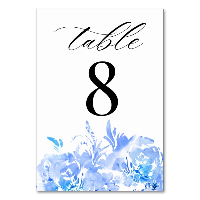 Blue Watercolor Modern Wedding Table Number (Front)
