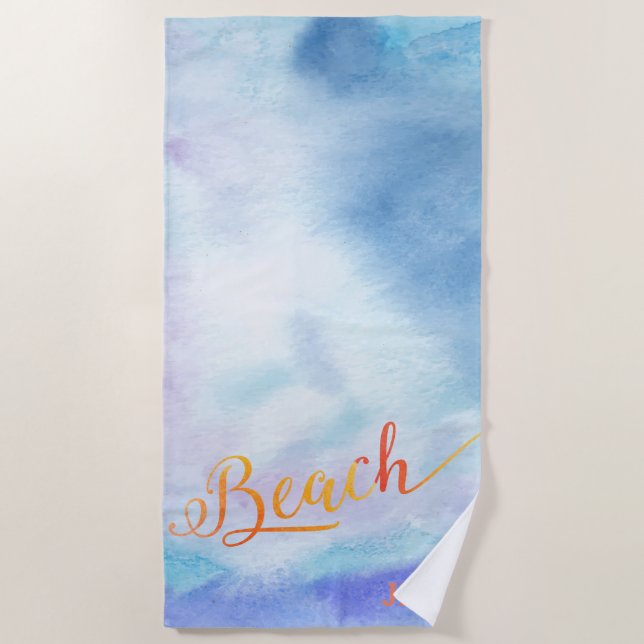 Blue Watercolor Monogram Beach Towel (Front)