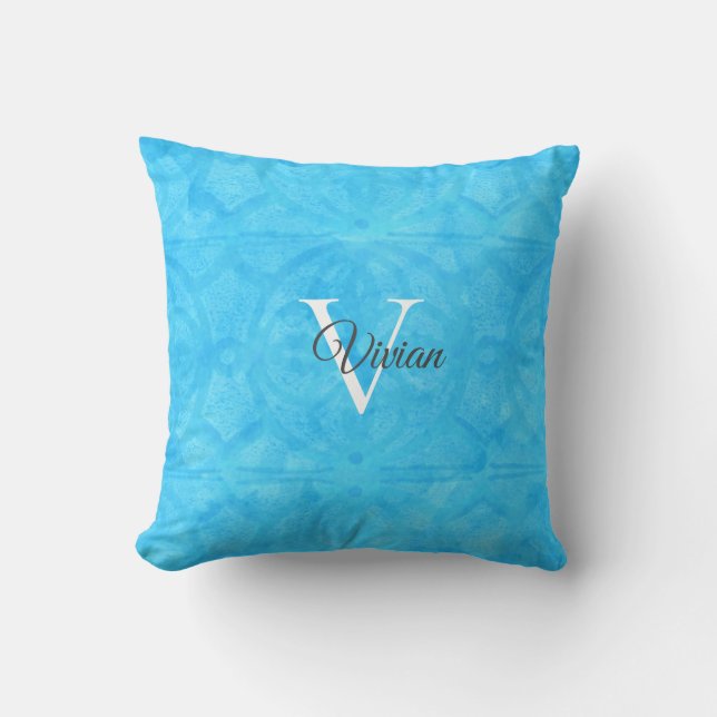 Blue Watercolor Monogram Name Throw Pillow (Front)