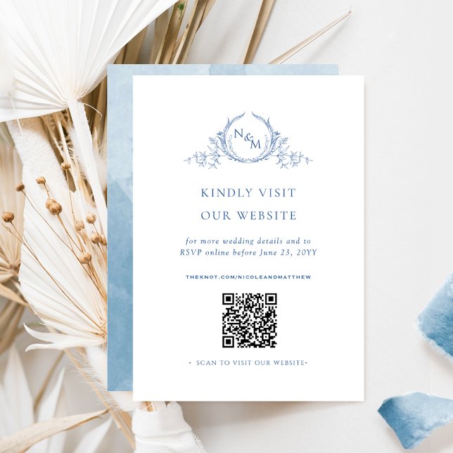 Blue Watercolor Monogram QR Code /RSVP Online Enclosure Card (Creator Uploaded)