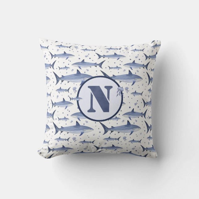 Blue Watercolor Monogram Shark Jellyfish Pattern Cushion (Front)