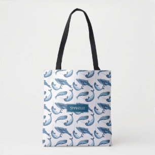 Blue Watercolor Monogrammed Whale and Narwhal Tote Bag