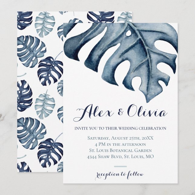 Blue Watercolor Monstera Leaves Wedding Invitation (Front/Back)