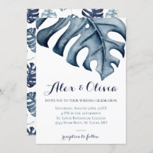 Blue Watercolor Monstera Leaves Wedding