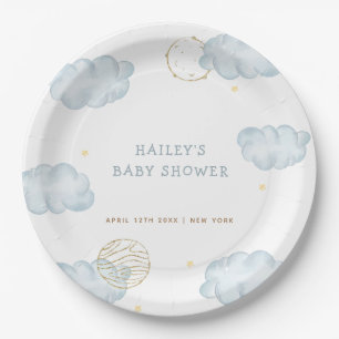 Blue Watercolor Moon Star Cloud Boy Baby Shower Paper Plate
