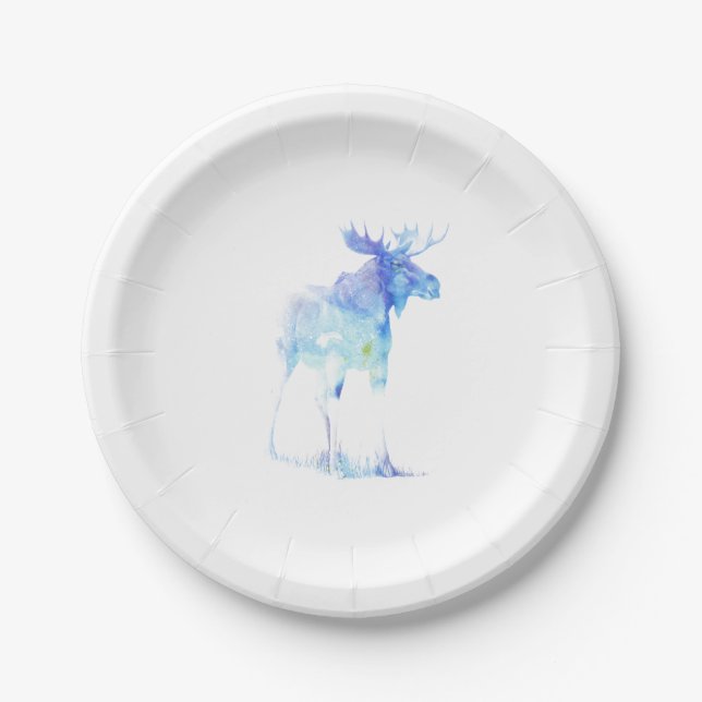 Blue watercolor Moose illustration Paper Plate (Front)