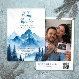 Blue Watercolor Mountain Baby Shower Photo QR Code Invitation