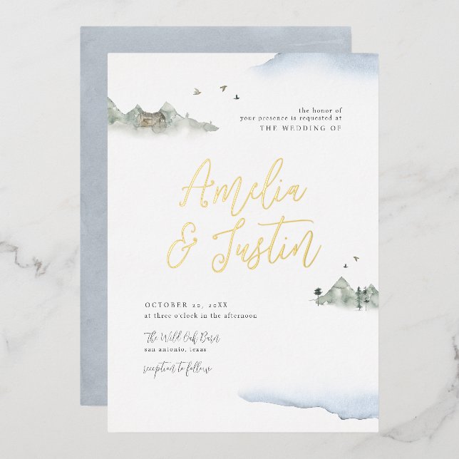 Blue Watercolor Mountain Destination Wedding (Front/Back)