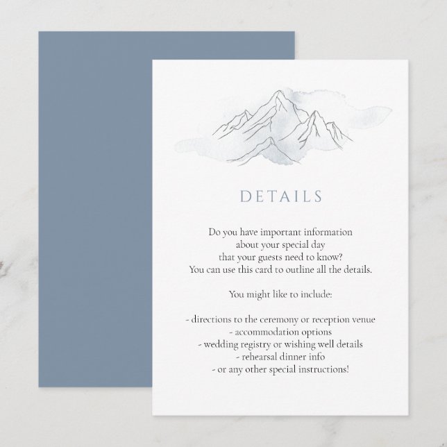 Blue Watercolor Mountain Nature Wedding Details Enclosure Card (Front/Back)