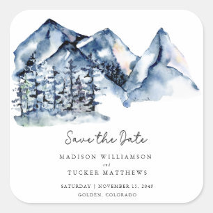 Blue Watercolor Mountain Rustic Boho Save the Date Square Sticker
