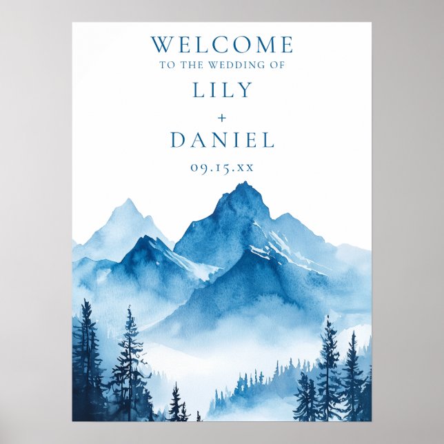 Blue Watercolor Mountain Wedding Welcome Sign (Front)