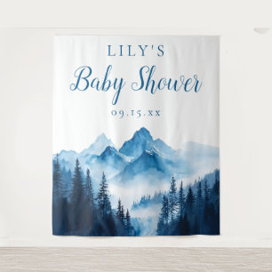 Blue Watercolor Mountains Baby Shower Backdrop Tapestry