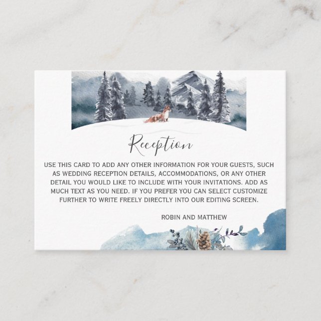 Blue Watercolor, Mountains, Fox Wedding Reception Enclosure Card (Front)