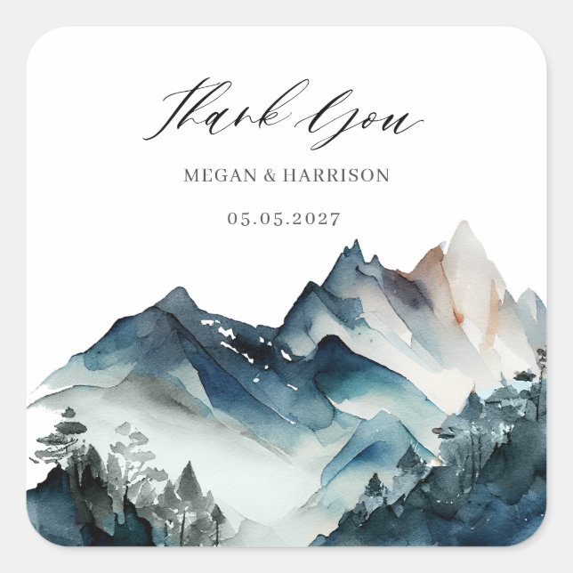 Blue watercolor mountaisn Thank you wedding  Square Sticker (Front)