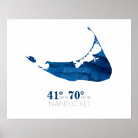 Blue Watercolor Nantucket Map with Coordinates
