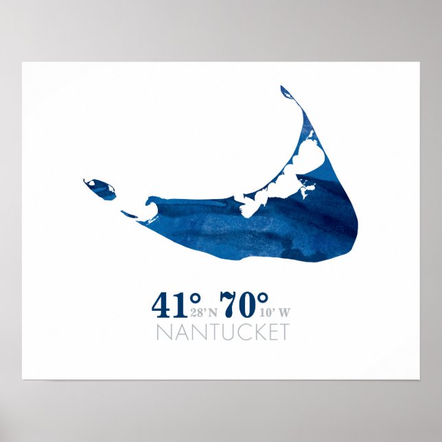 Blue Watercolor Nantucket Map with Coordinates Poster (Front)