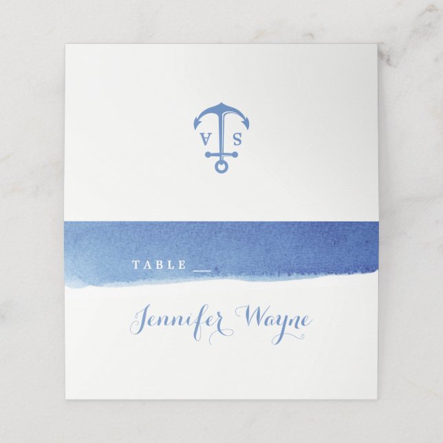 Blue watercolor nautical beach wedding place card (Outside Unfolded)