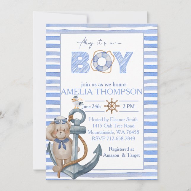 Blue watercolor nautical bear anchor baby shower invitation (Front)