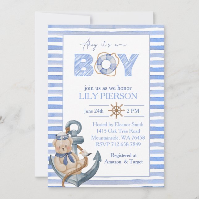 Blue watercolor nautical bear sailboat baby shower invitation (Front)
