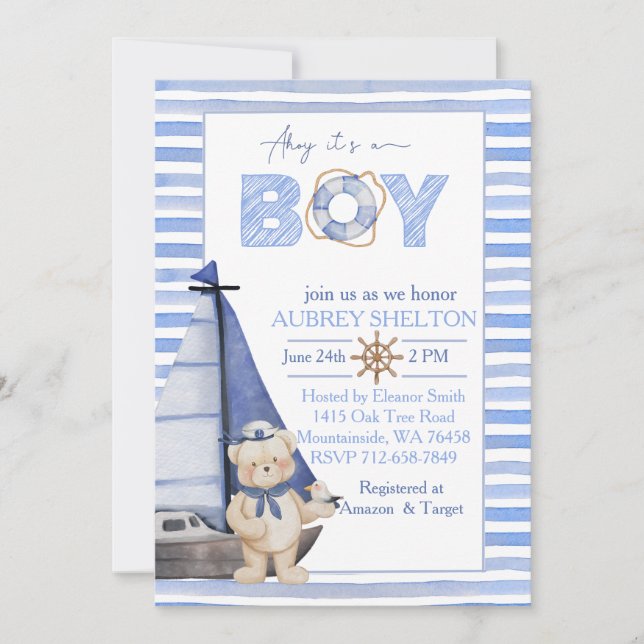 Blue watercolor nautical bear sailboat baby shower invitation (Front)