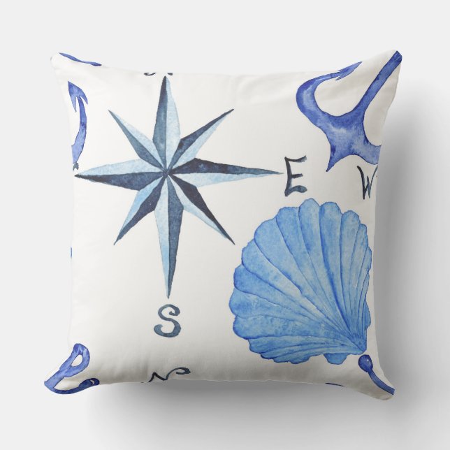 Blue watercolor nautical design with shell, anchor cushion (Front)