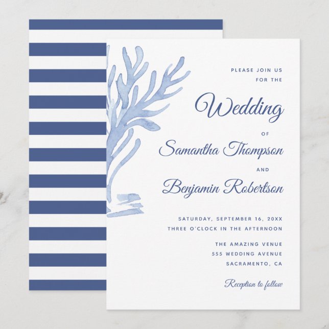 Blue Watercolor Nautical Wedding Beach Theme Invitation (Front/Back)