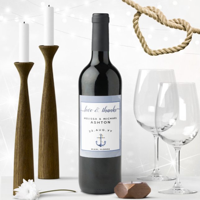 Blue Watercolor ⚓ Nautical Wedding  Wine Label (Dusty Blue Watercolor Love and Thanks Nautical Wedding Wine Labels)