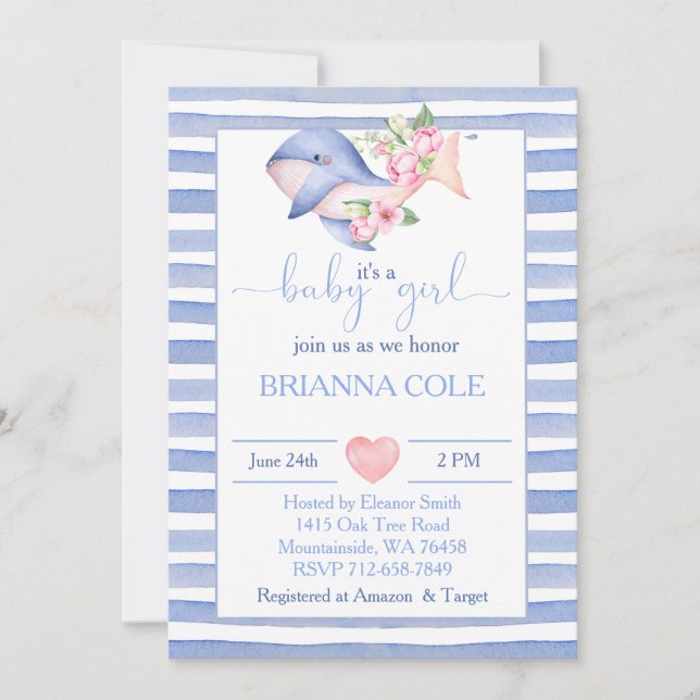 Blue watercolor nautical whale girl baby shower invitation (Front)
