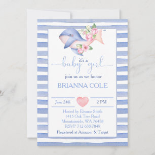 Blue watercolor nautical whale girl baby shower invitation