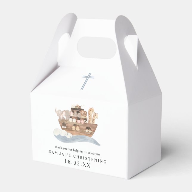 Blue Watercolor Noah's Ark Boy Christening  Favour Box (Front Side)
