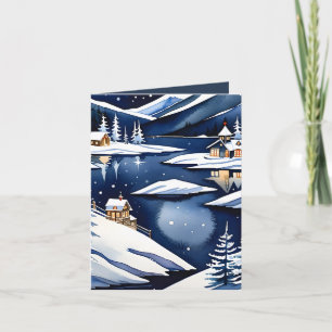 Blue Watercolor Nordic Lakeside Folded Christmas Holiday Card