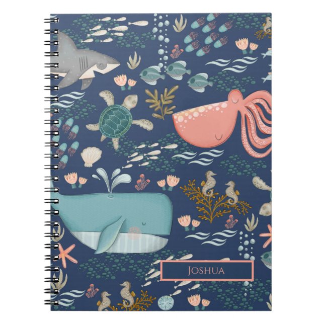 Blue Watercolor Ocean Animal Art Name Monogram Notebook (Front)