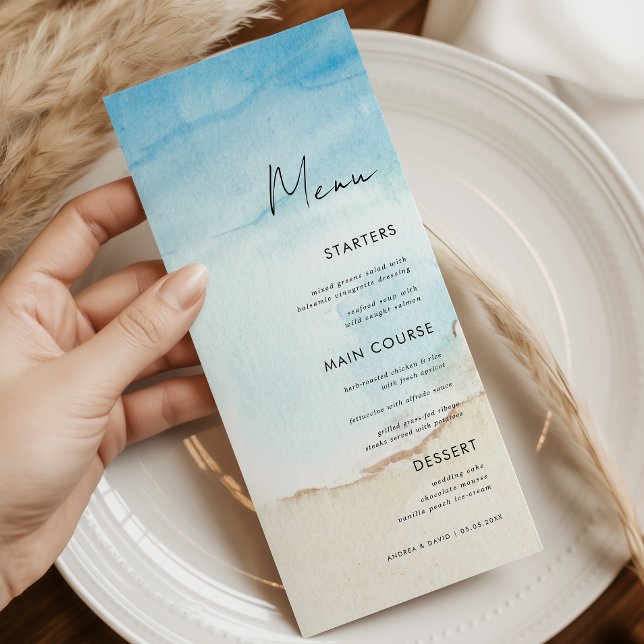 Blue Watercolor Ocean Beach Sand Wedding Dinner    Menu (Creator Uploaded)