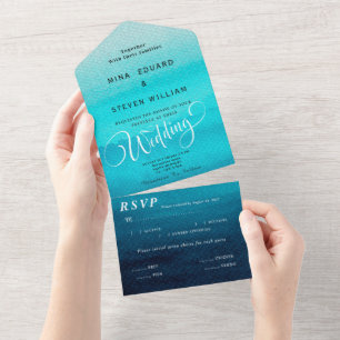 Blue watercolor ocean summer wedding all in one invitation
