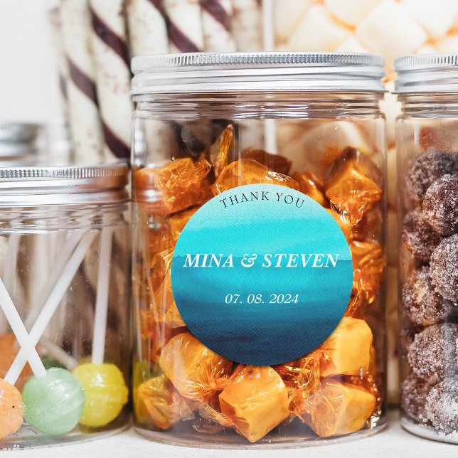 Blue watercolor ocean summer wedding classic round sticker (Creator Uploaded)