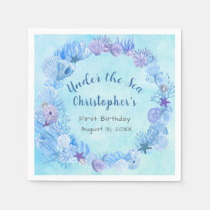 Blue Watercolor Ocean Under The Sea First Bday Napkin