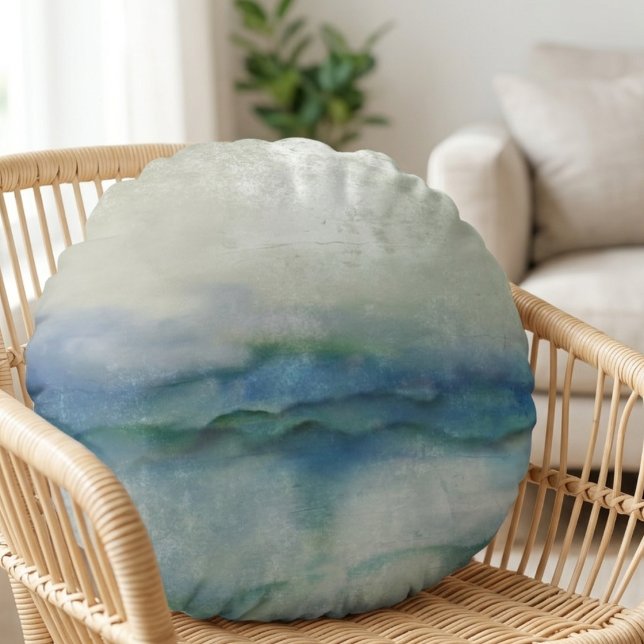 Blue Watercolor Ocean Waves Round Cushion (Soft, watercolor ocean pillow - perfect cozy gift for any friend celebrating a housewarming)