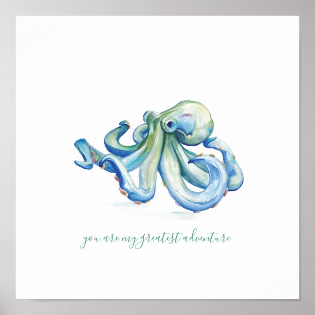 Blue Watercolor Octopus Art Poster (Front)