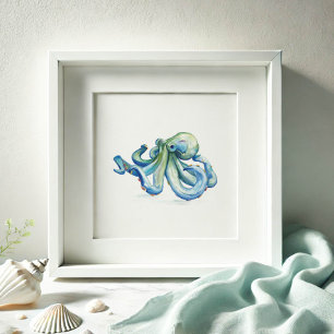 Blue Watercolor Octopus Drawing Poster