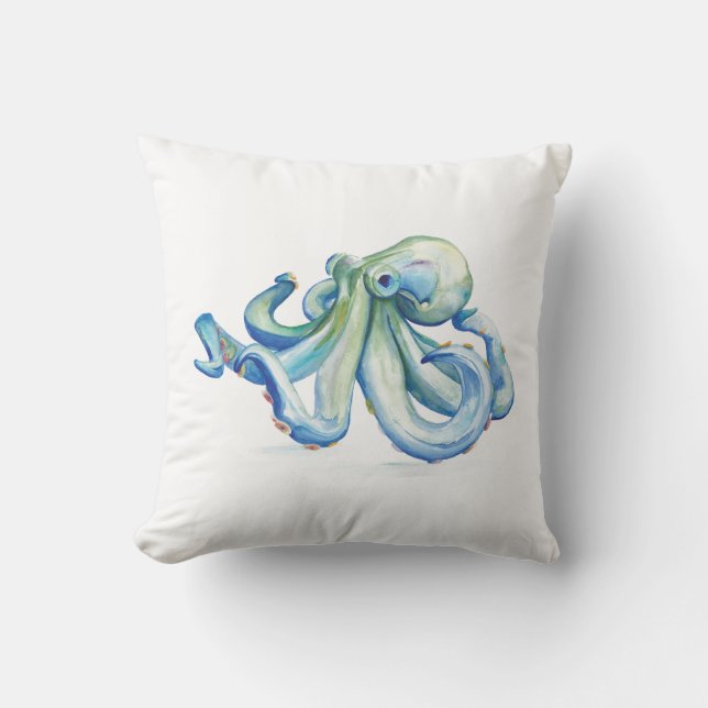 Blue Watercolor Octopus Throw Pillow (Front)