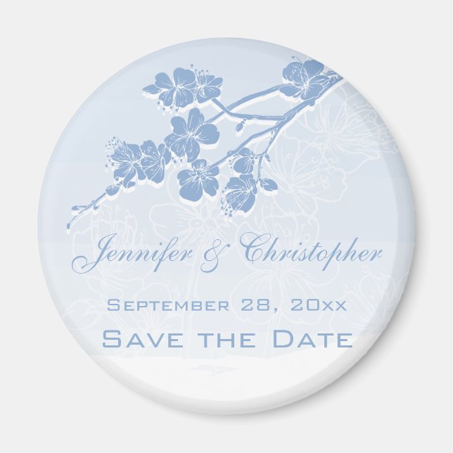 Blue Watercolor Ombre Spring Blossom Save the Date Magnet (Front)