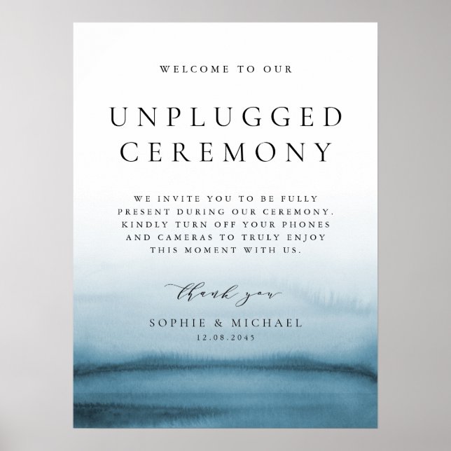 Blue Watercolor Ombre Unplugged Wedding Ceremony Poster (Front)