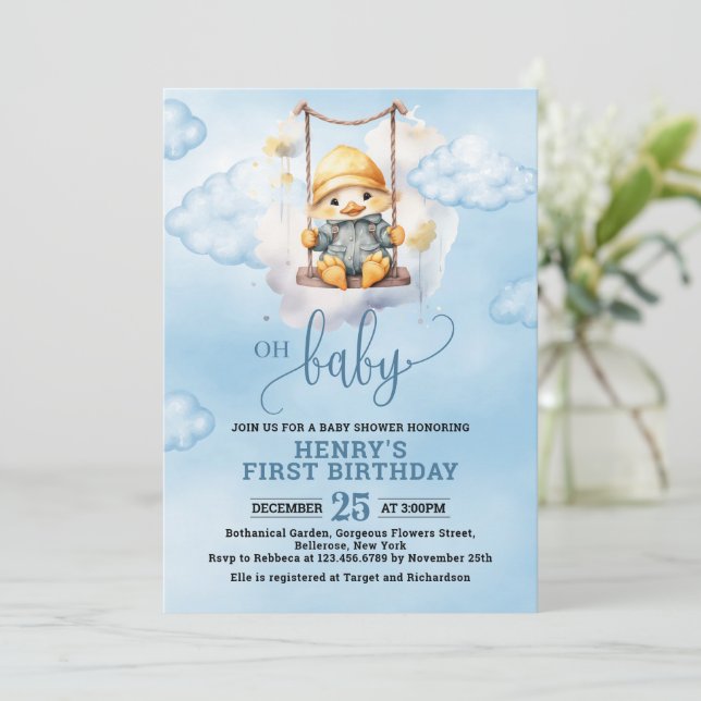 blue Watercolor One Lucky Duck Boy 1st Birthday Invitation (Standing Front)