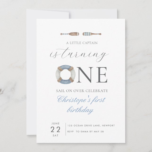 Blue watercolor Our Little Captain is Turning One Invitation (Front)