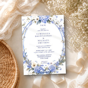 Blue Watercolor Paint Floral Classic Wedding Invitation