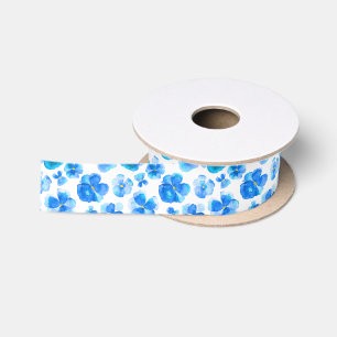 Blue watercolor pansy violas art ribbon satin ribbon