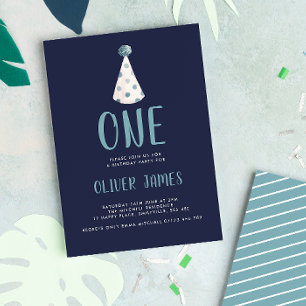 Blue Watercolor Party Hat 1st Birthday Party Invitation