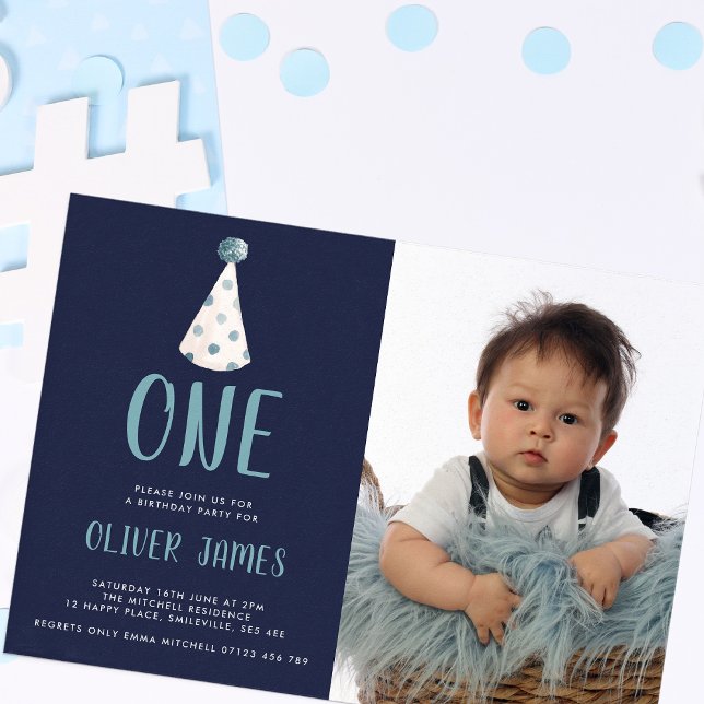 Blue Watercolor Party Hat 1st Birthday Party Photo Invitation (Creator Uploaded)