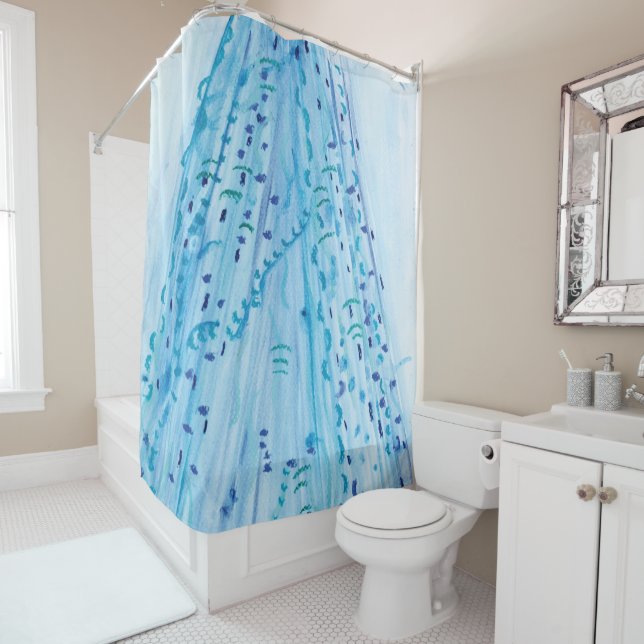 Blue Watercolor & Pastel Artwork Shower Curtain (In Situ)