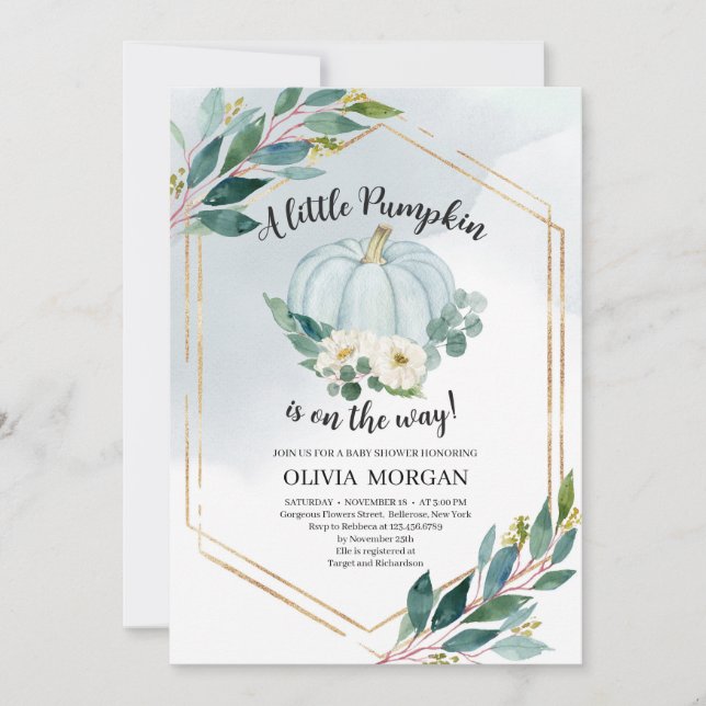 Blue watercolor pastel greenery little pumpkin invitation (Front)